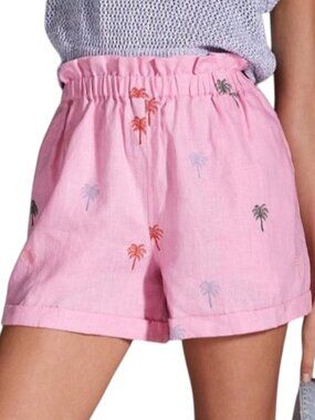 Farm Rio Anthropologie Pink Linen Palm Shorts Small Resort Summer NWT
